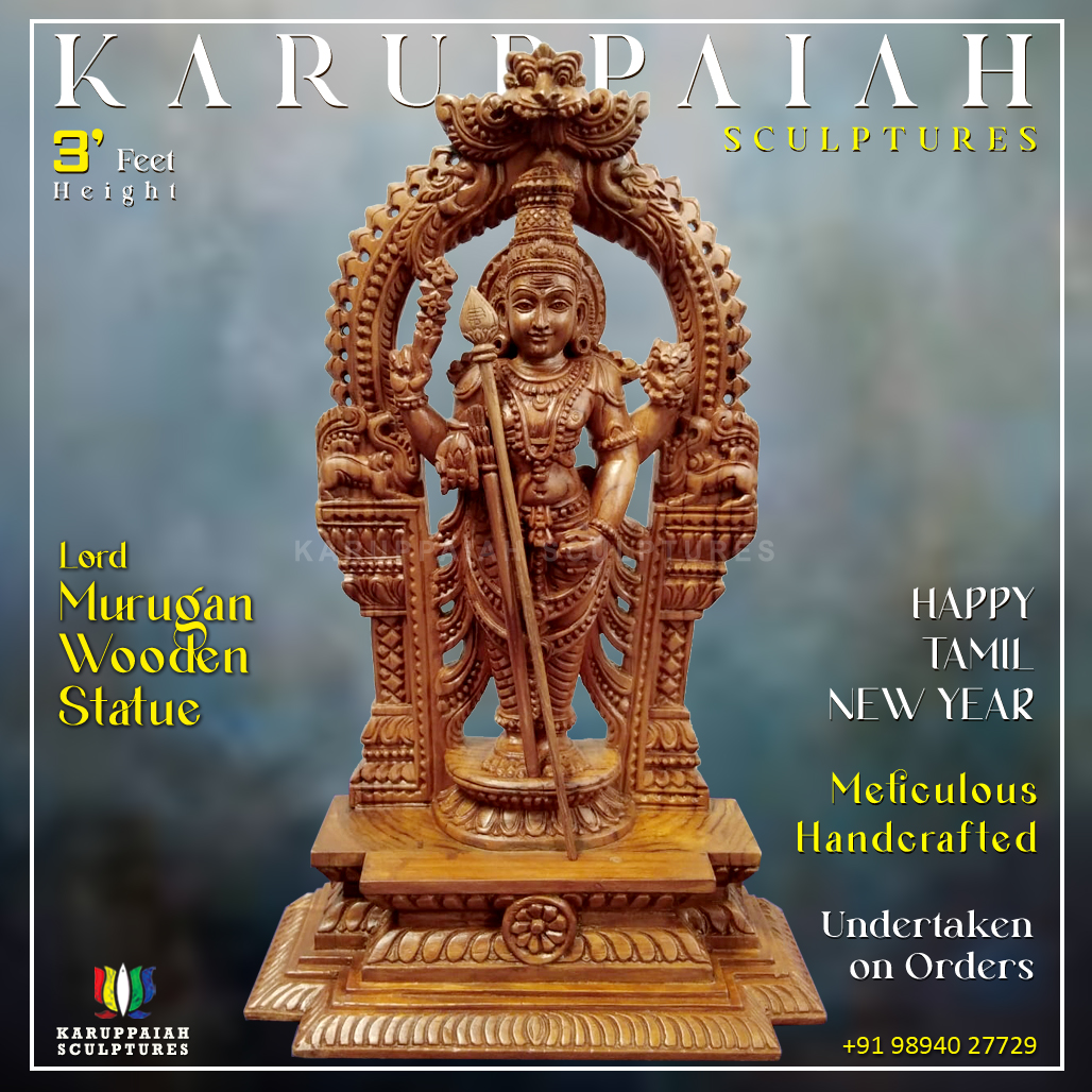 Lord Murugan Wooden Statue - Karuppaiah Sculptures - Custom Orders