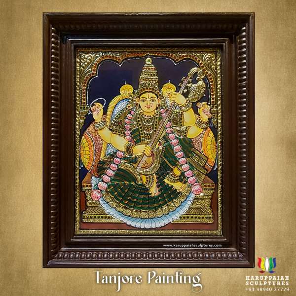 Tanjore Painting of Ganesha, Mahalakshmi and Saraswathi