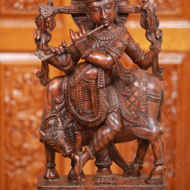 Wooden Venu Gopala Krishna statue Playing Flute with Cow