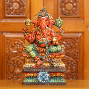 Wooden Painting Vinayagar Statue Seated Holding modak sweet