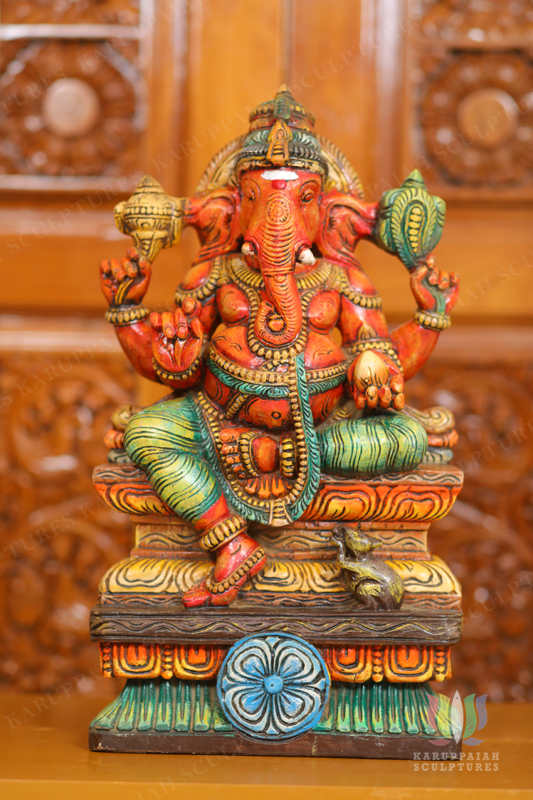 Wooden Painting Vinayagar Statue Seated Holding modak sweet