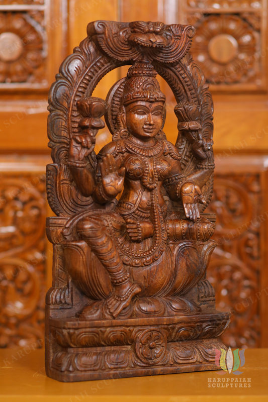 Wooden Mahalasmi Statue Seated with Brabavali