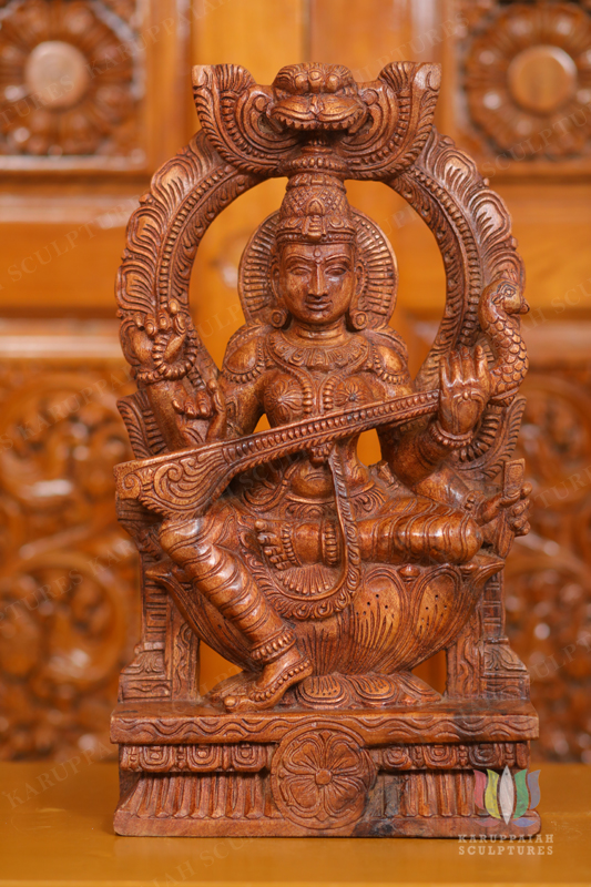 Wooden Sharaswathi Statue Seated with Brabavali