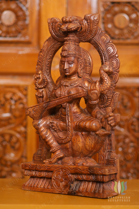 Wooden Sharaswathi Statue Seated with Brabavali