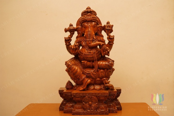 Wooden Ganesh Seated Holding modak sweet 22"