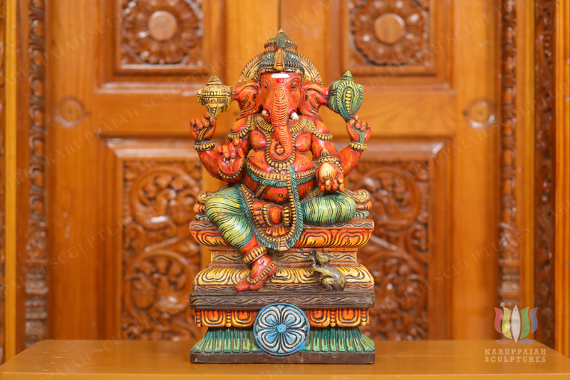 KSWG17 – Wooden Painting Ganesh Seated Holding modak sweet 18″