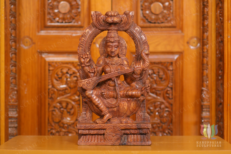 KSWS21 – Wooden Saraswathi Seated with Prabhavali 18″