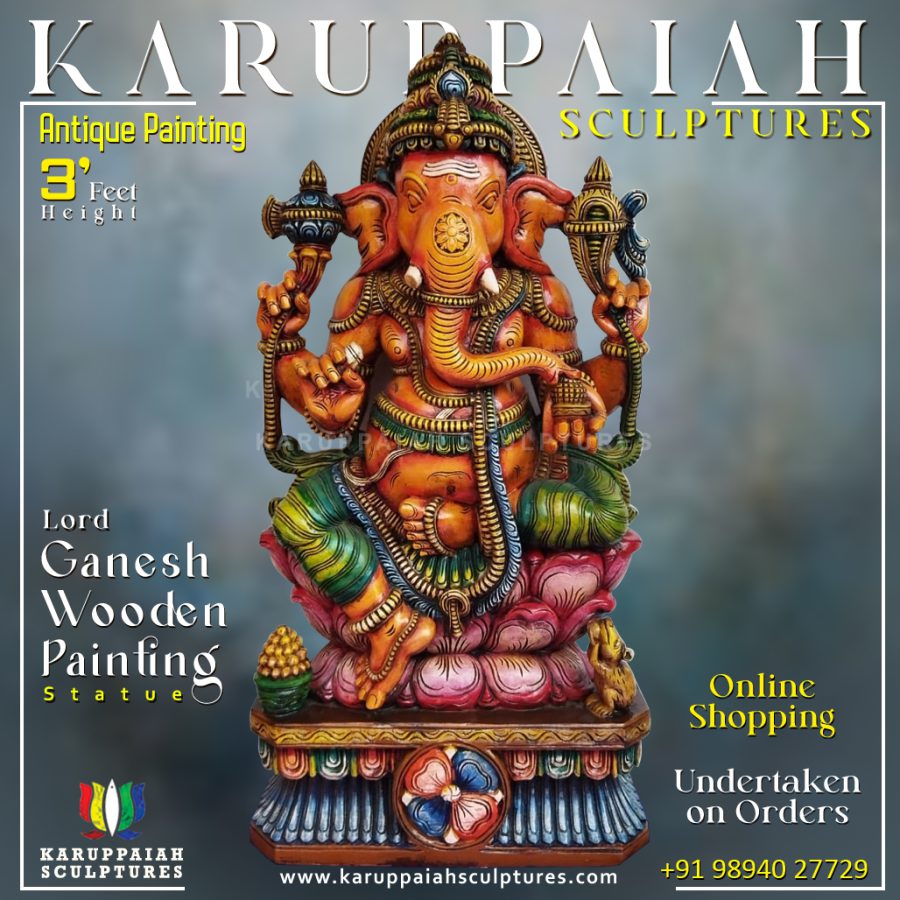 Lord Ganesh Wooden Painting Statue