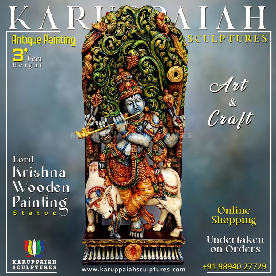 Lord Krishna Wooden Painting Statue