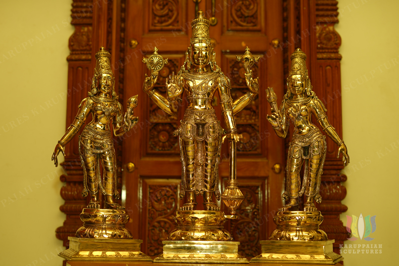 KSPP66 – Perumal Sridevi Bhoodevi, Vishnu (Panchaloha Bronze)