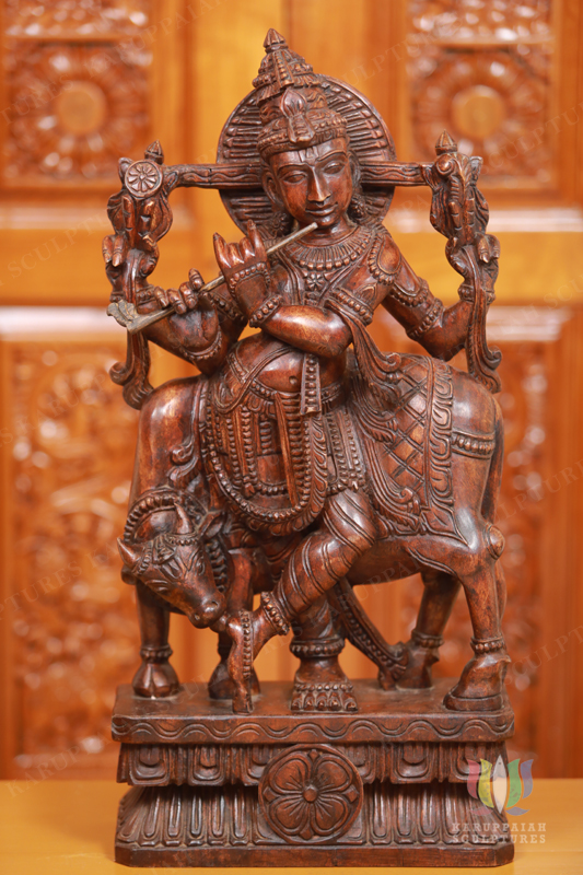 Wooden Venu Gopala Krishna Playing Flute with Cow 24